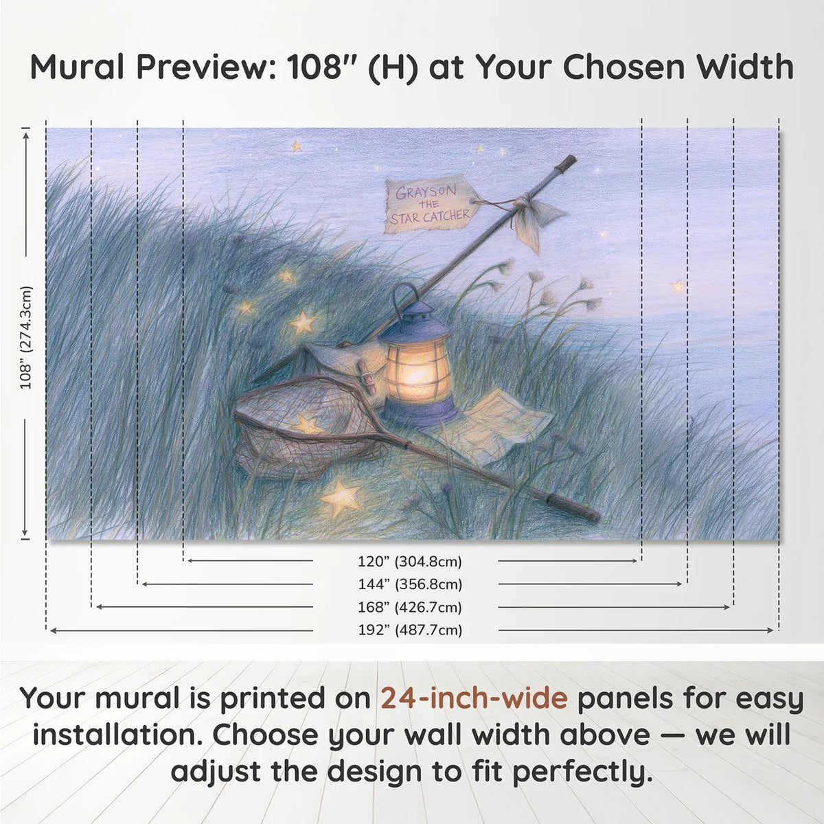 Panel layout and dimensions for The Star Catcher Personalized Wall Mural by Whimsy Tots