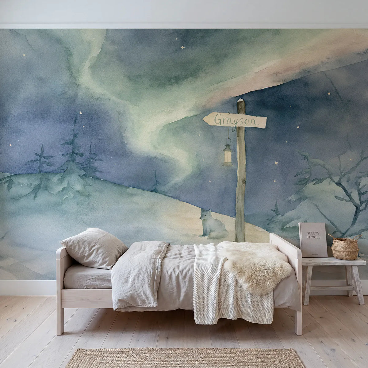 Watercolor northern lights personalized wall mural with brushed wooden waymarker post by Whimsy Tots
