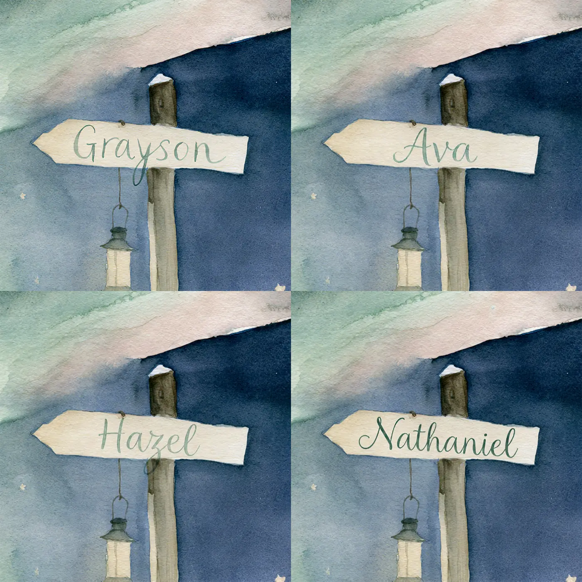 Four name preview examples of Northern Lights Personalized Wall Mural by Whimsy Tots