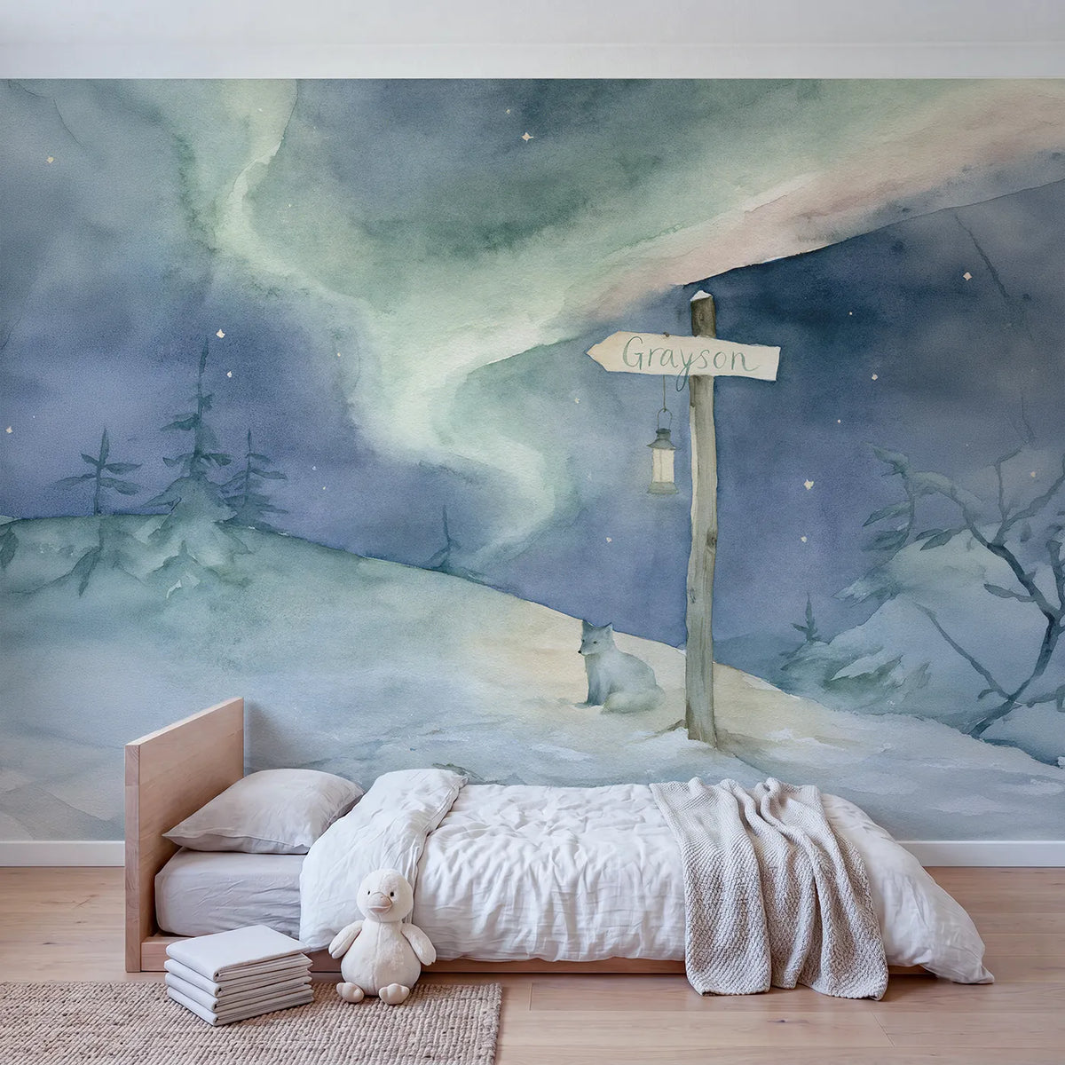 Northern Lights Personalized Wall Mural in playroom setting by Whimsy Tots