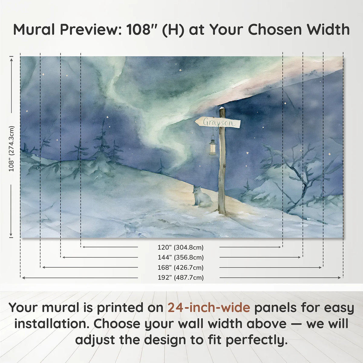 Panel layout and dimensions for Northern Lights Personalized Wall Mural by Whimsy Tots