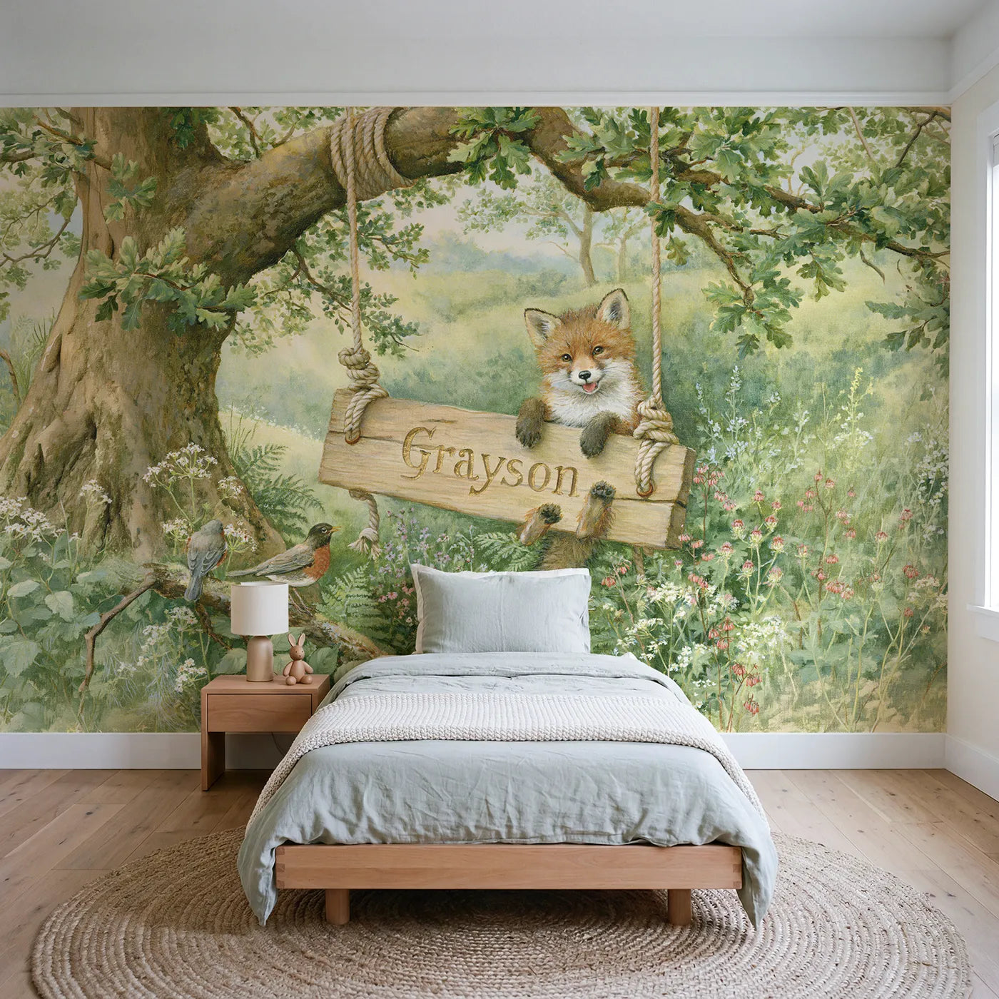 Storybook fox cub rope swing personalized wall mural with carved gilded plank by Whimsy Tots