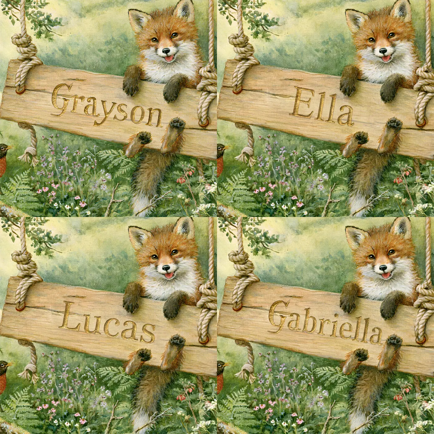 Four name preview examples of Fox Cub Rope Swing Personalized Wall Mural by Whimsy Tots