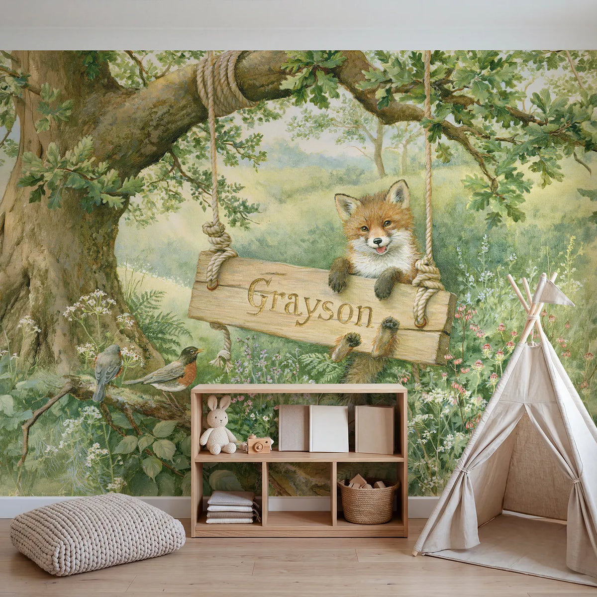 Fox Cub Rope Swing Personalized Wall Mural in playroom setting by Whimsy Tots