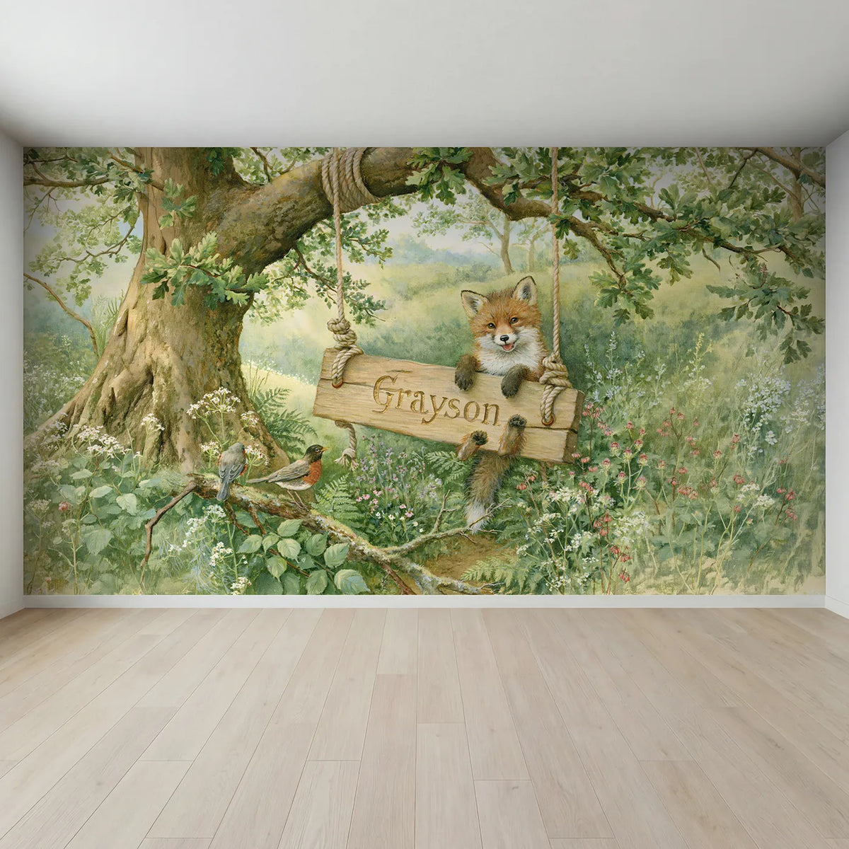 Full view of Fox Cub Rope Swing Personalized Wall Mural by Whimsy Tots