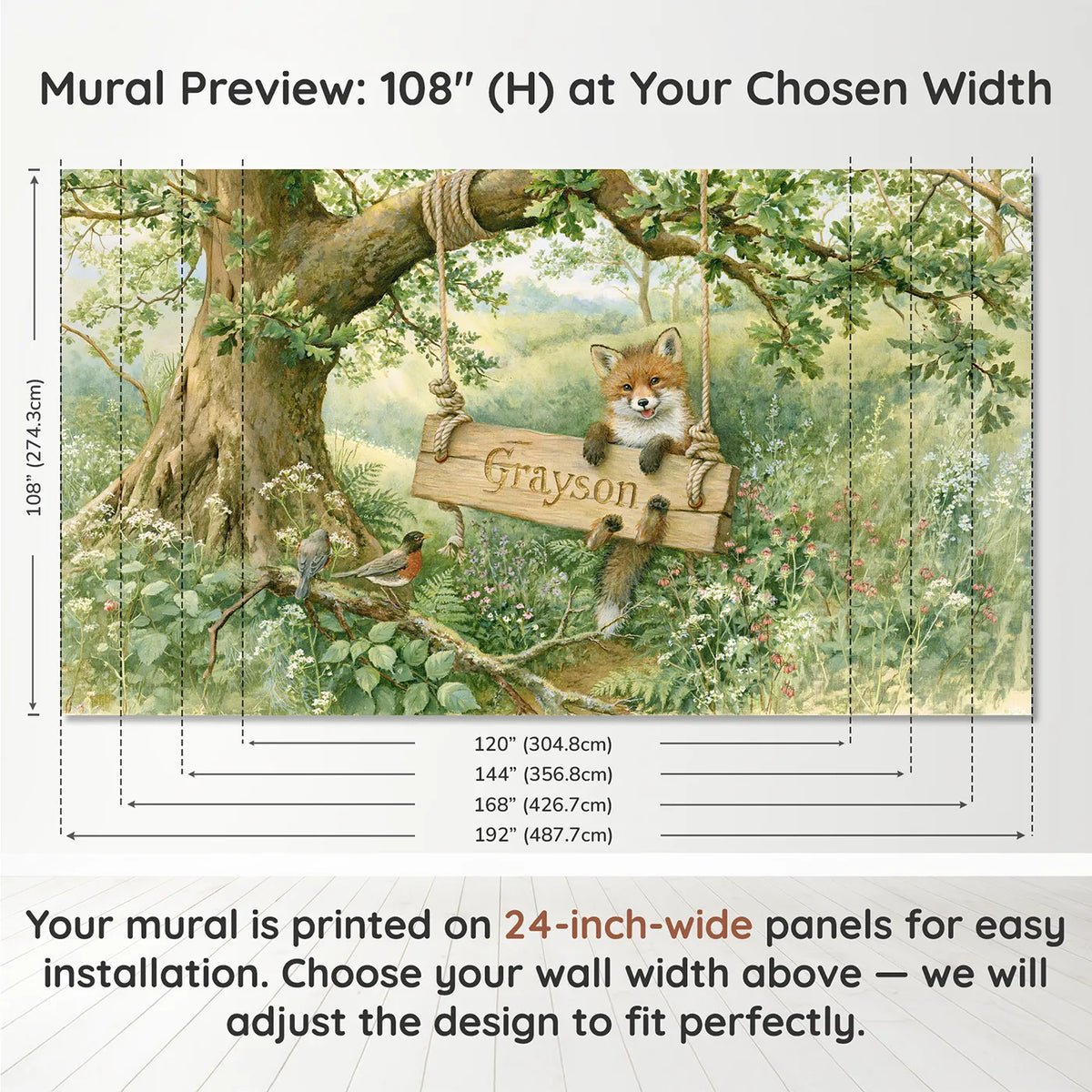 Panel layout and dimensions for Fox Cub Rope Swing Personalized Wall Mural by Whimsy Tots