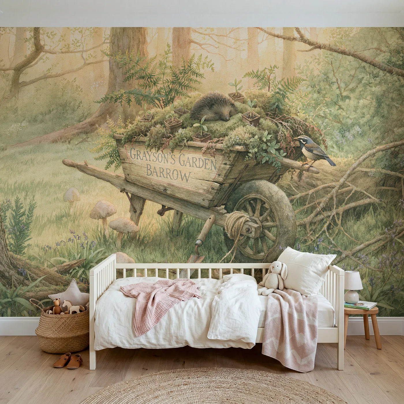Storybook woodland wheelbarrow personalized wall mural with lettered side panel by Whimsy Tots