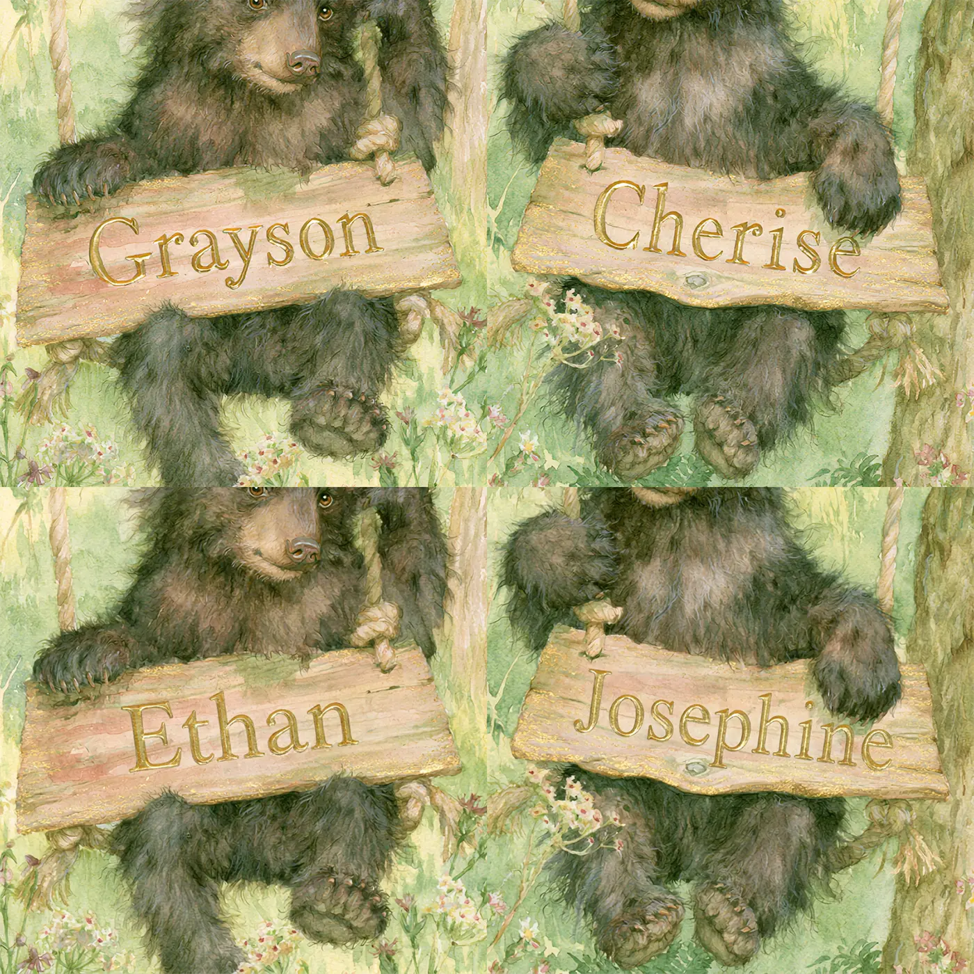 Four name preview examples of Woodland Wheelbarrow Personalized Wall Mural by Whimsy Tots