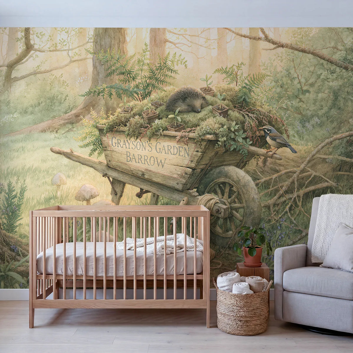Woodland Wheelbarrow Personalized Wall Mural in playroom setting by Whimsy Tots