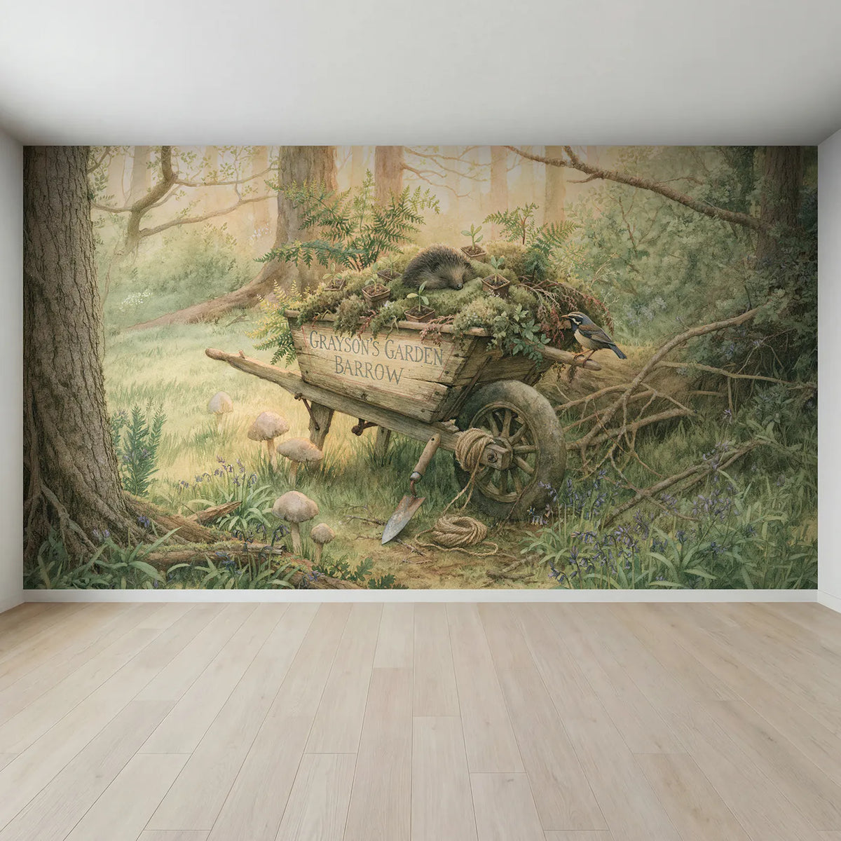 Full view of Woodland Wheelbarrow Personalized Wall Mural by Whimsy Tots