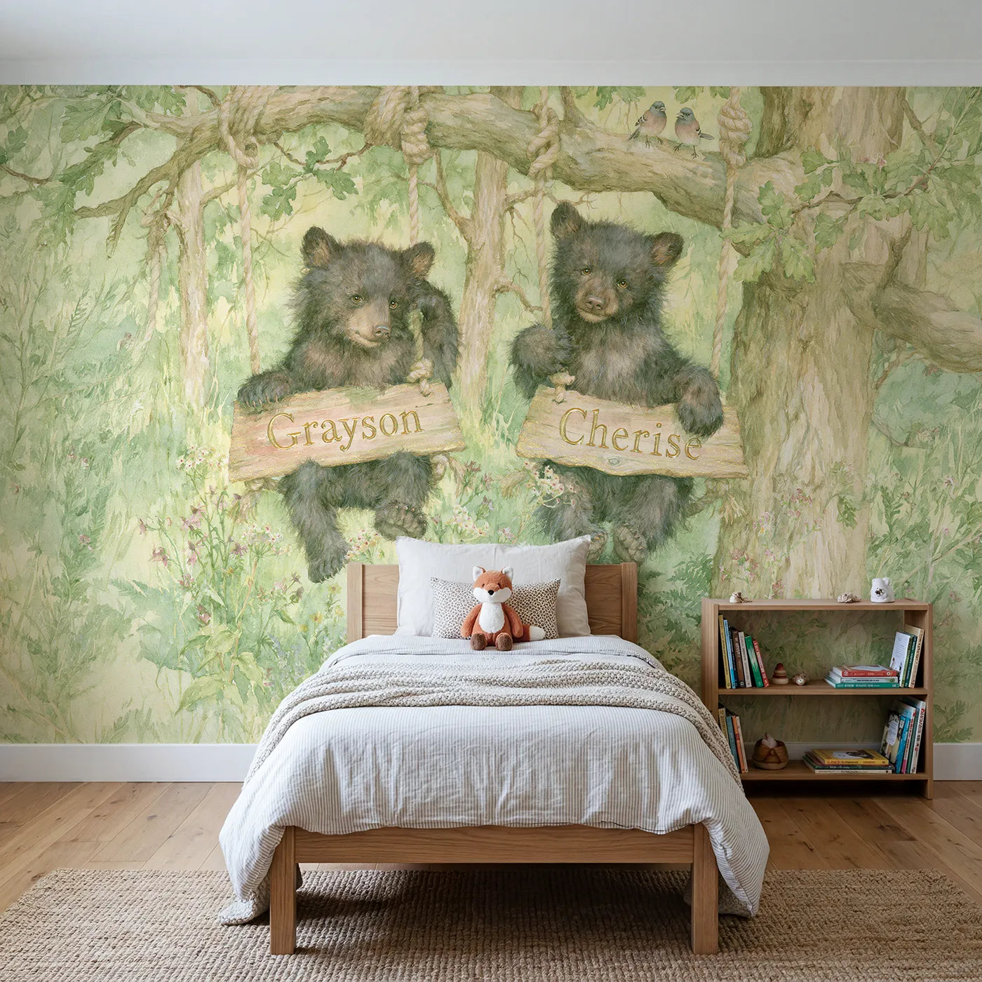 Storybook two bear cubs swinging personalized wall mural with carved sibling planks by Whimsy Tots