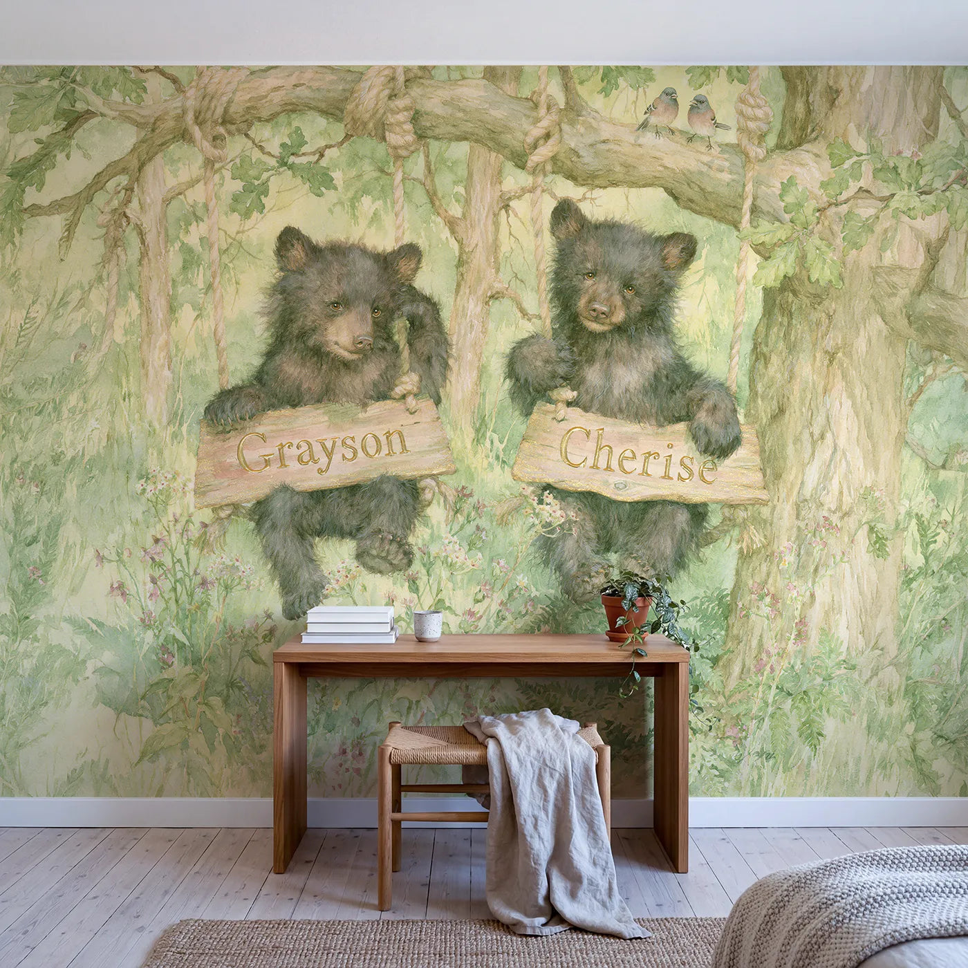 Two Bear Cubs Swinging Personalized Wall Mural in playroom setting by Whimsy Tots