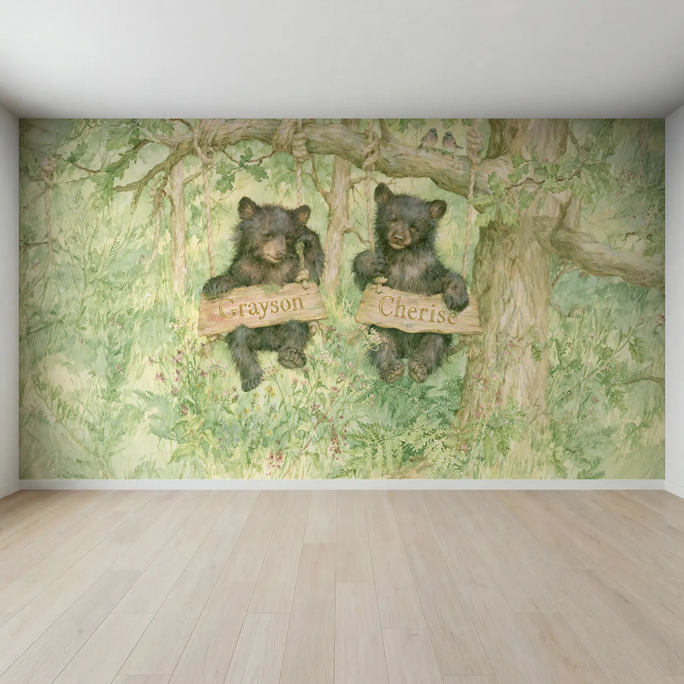 Full view of Two Bear Cubs Swinging Personalized Wall Mural by Whimsy Tots