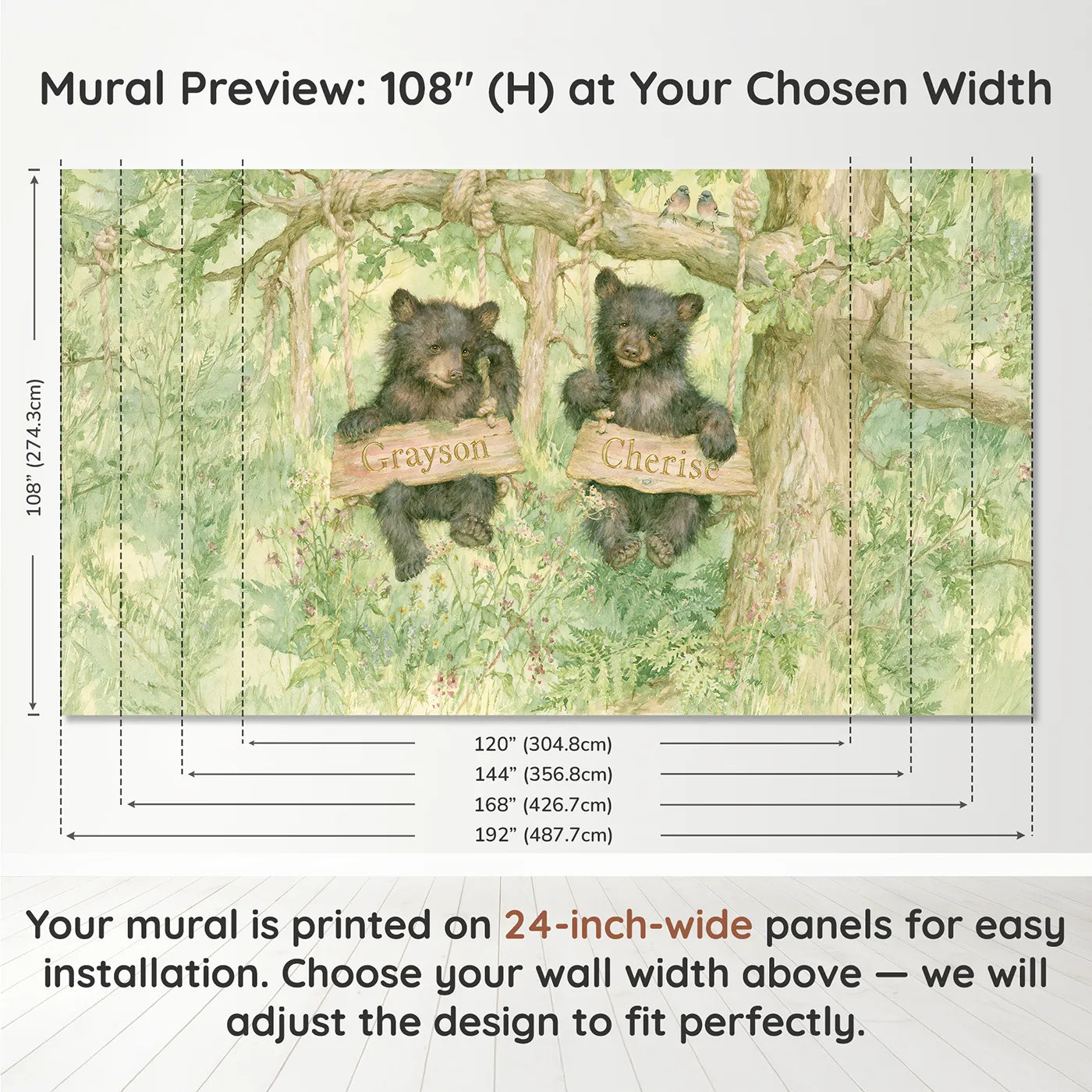 Panel layout and dimensions for Two Bear Cubs Swinging Personalized Wall Mural by Whimsy Tots