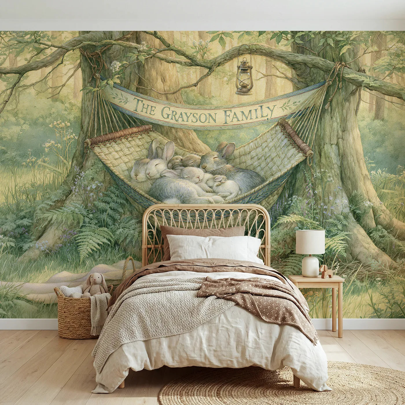 Storybook woodland hammock personalized wall mural with woven family edge band by Whimsy Tots
