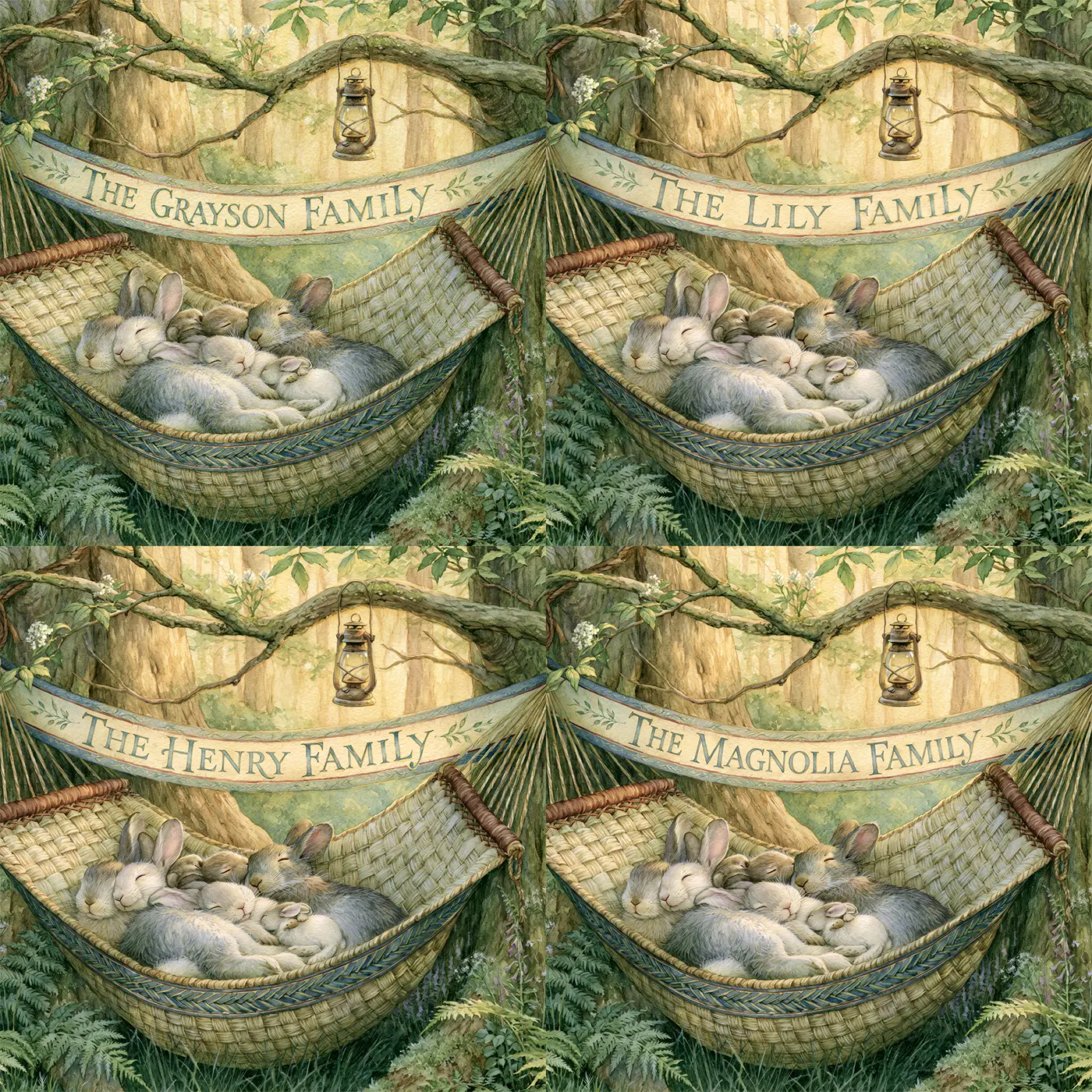 Four name preview examples of Woodland Family Hammock Personalized Wall Mural by Whimsy Tots