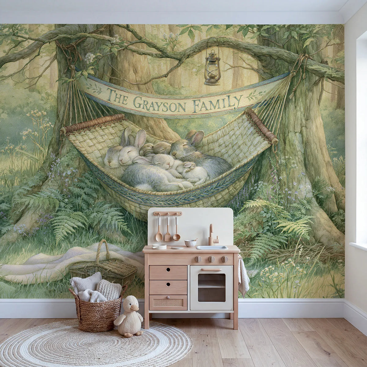 Woodland Family Hammock Personalized Wall Mural in playroom setting by Whimsy Tots