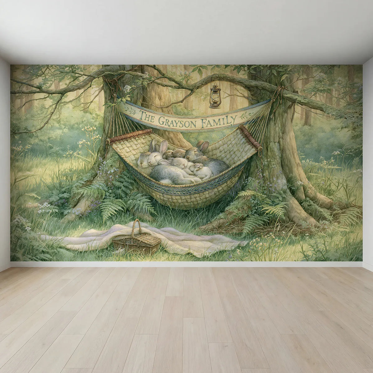 Full view of Woodland Family Hammock Personalized Wall Mural by Whimsy Tots