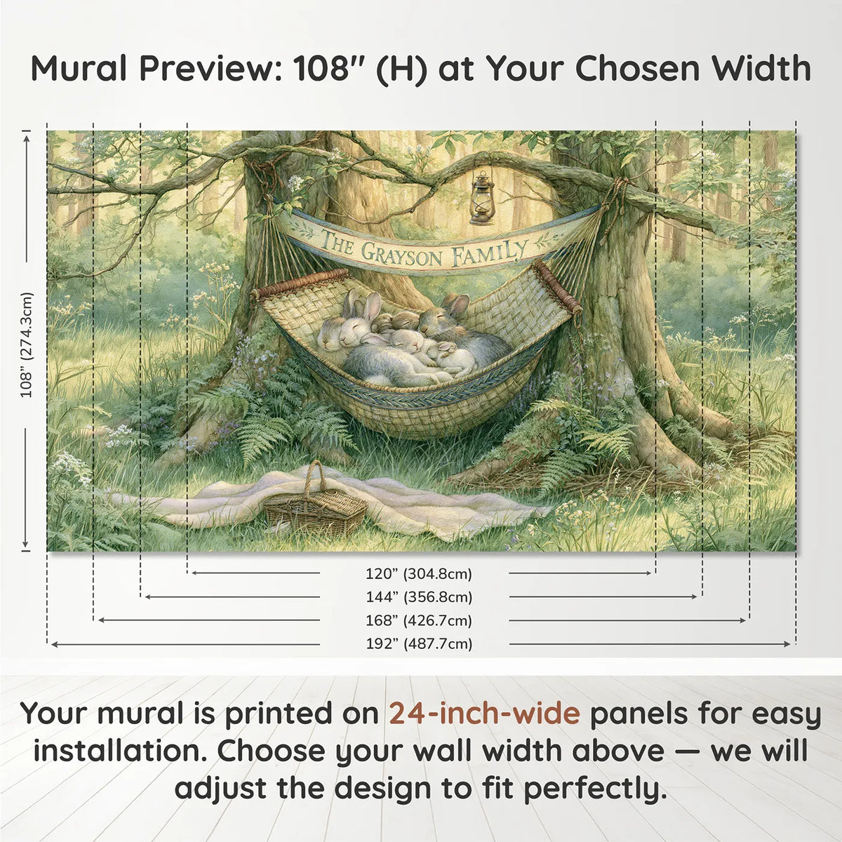 Panel layout and dimensions for Woodland Family Hammock Personalized Wall Mural by Whimsy Tots