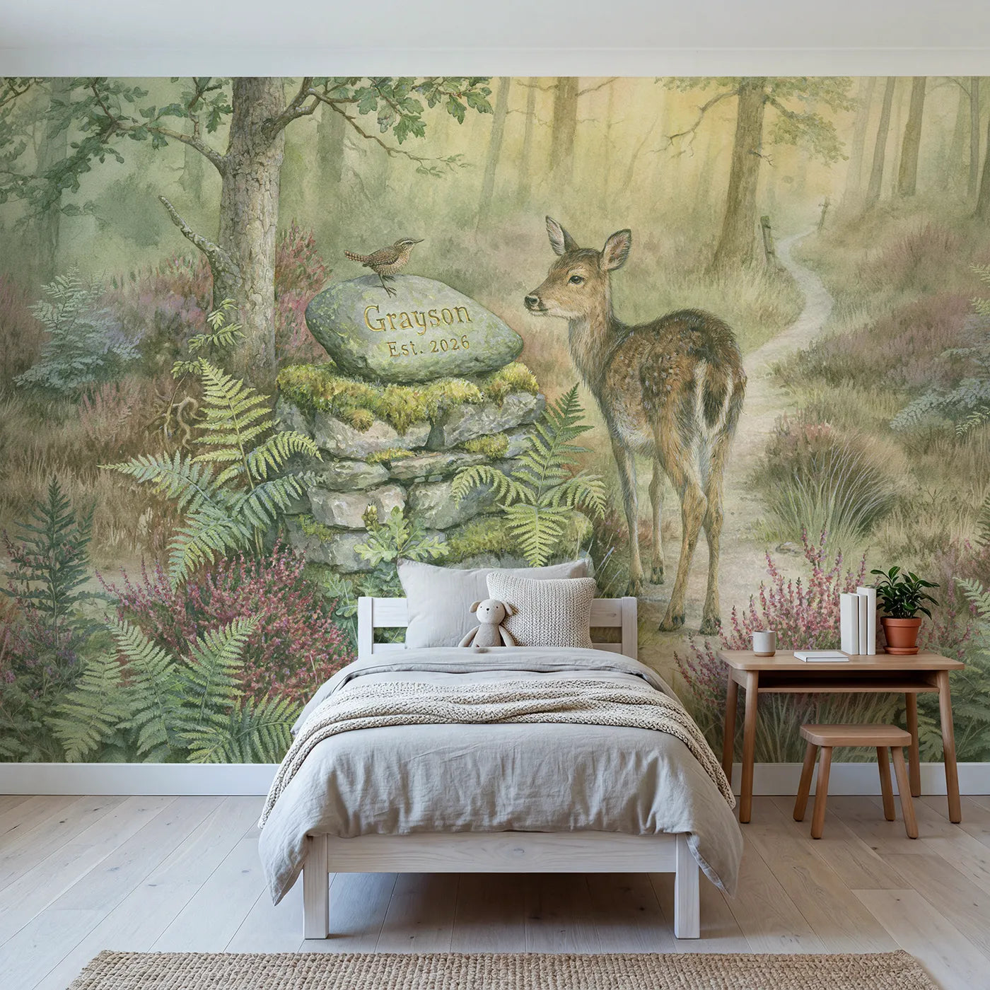 Storybook deer and stone cairn personalized wall mural with carved name and date by Whimsy Tots