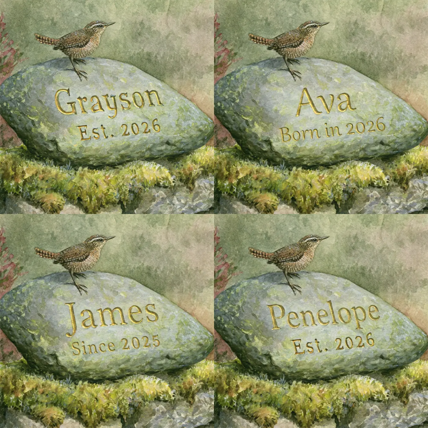 Four name preview examples of Deer at the Stone Cairn Personalized Wall Mural by Whimsy Tots