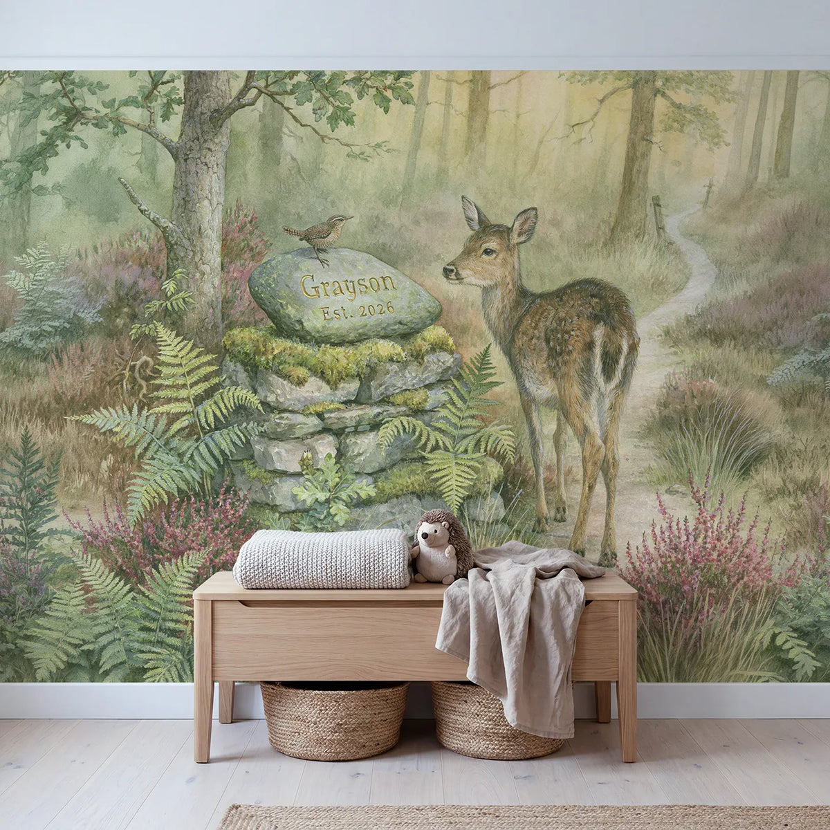 Deer at the Stone Cairn Personalized Wall Mural in playroom setting by Whimsy Tots