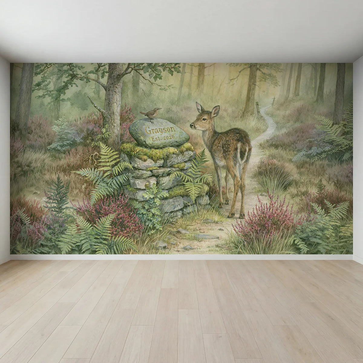 Full view of Deer at the Stone Cairn Personalized Wall Mural by Whimsy Tots