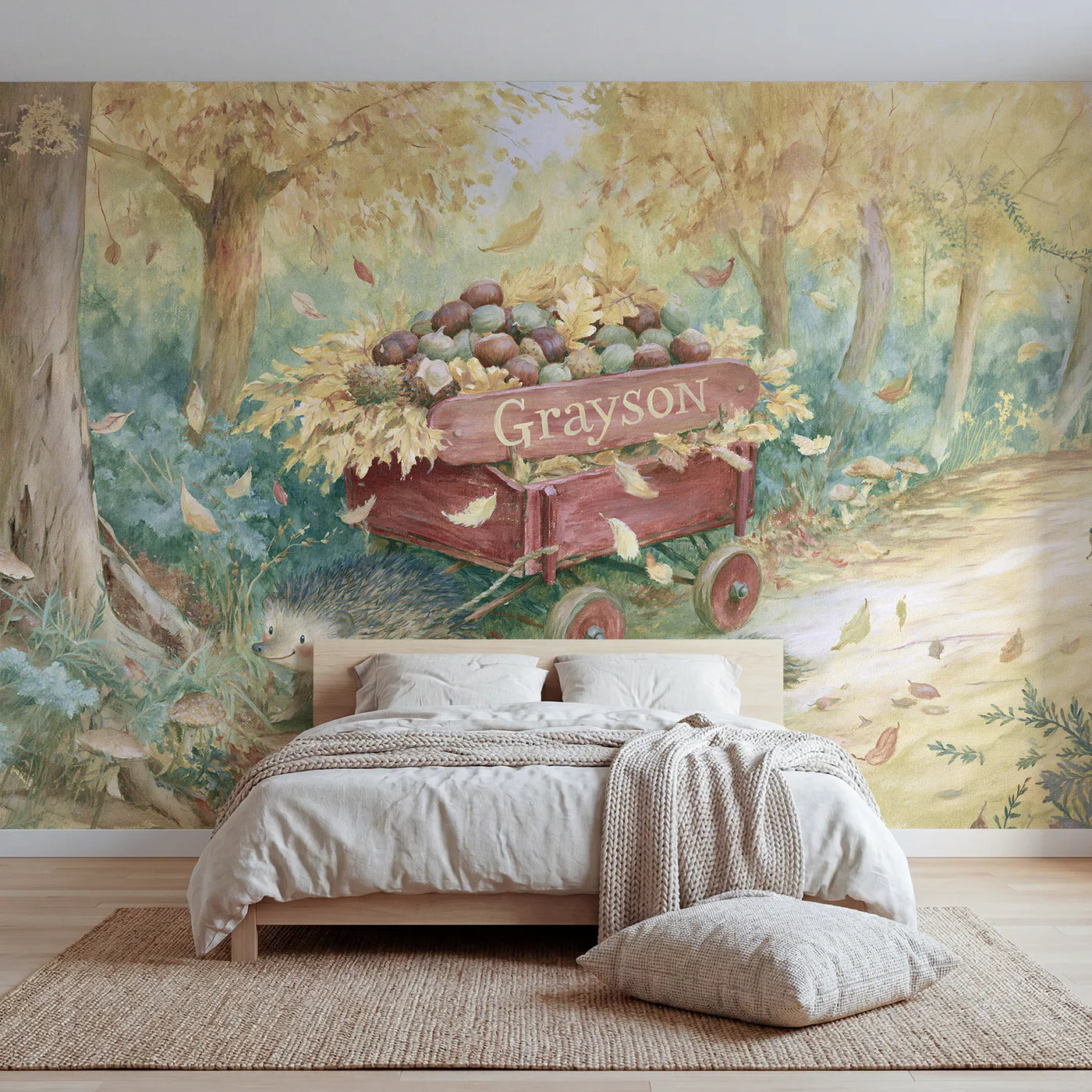 Storybook hedgehog wagon personalized wall mural with lettered red side board by Whimsy Tots