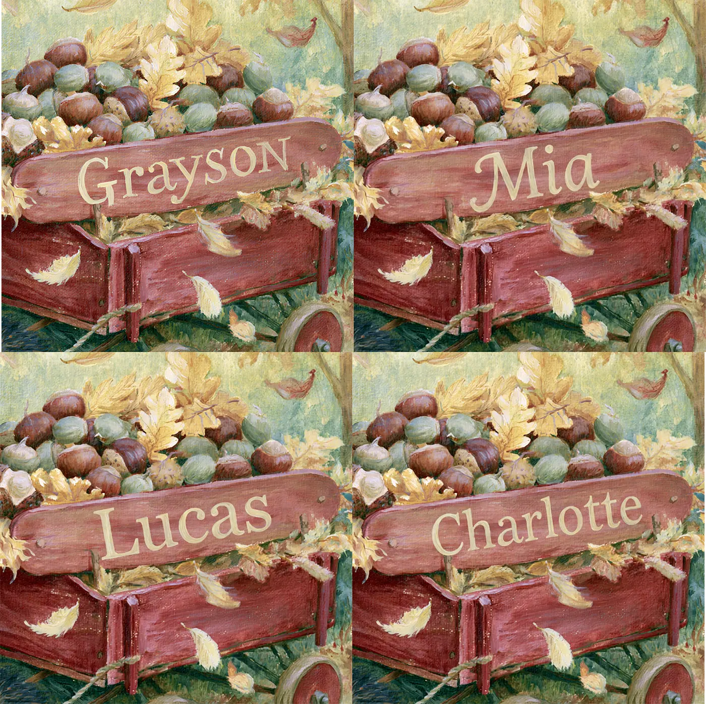 Four name preview examples of Hedgehog Wooden Wagon Personalized Wall Mural by Whimsy Tots