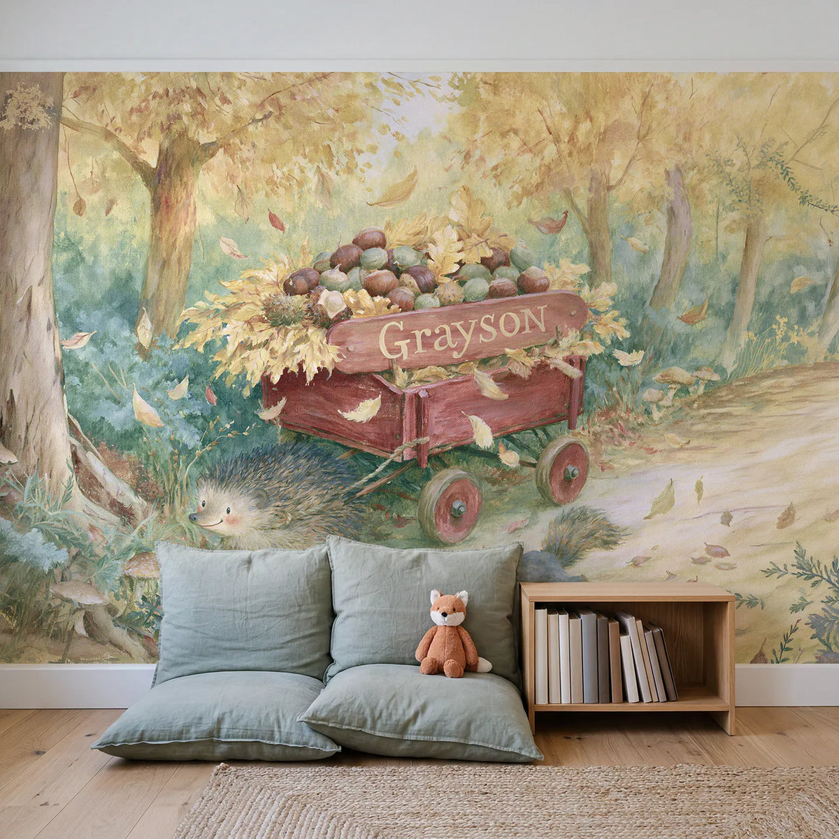 Hedgehog Wooden Wagon Personalized Wall Mural in playroom setting by Whimsy Tots