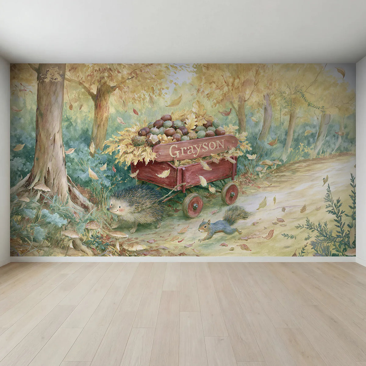Full view of Hedgehog Wooden Wagon Personalized Wall Mural by Whimsy Tots