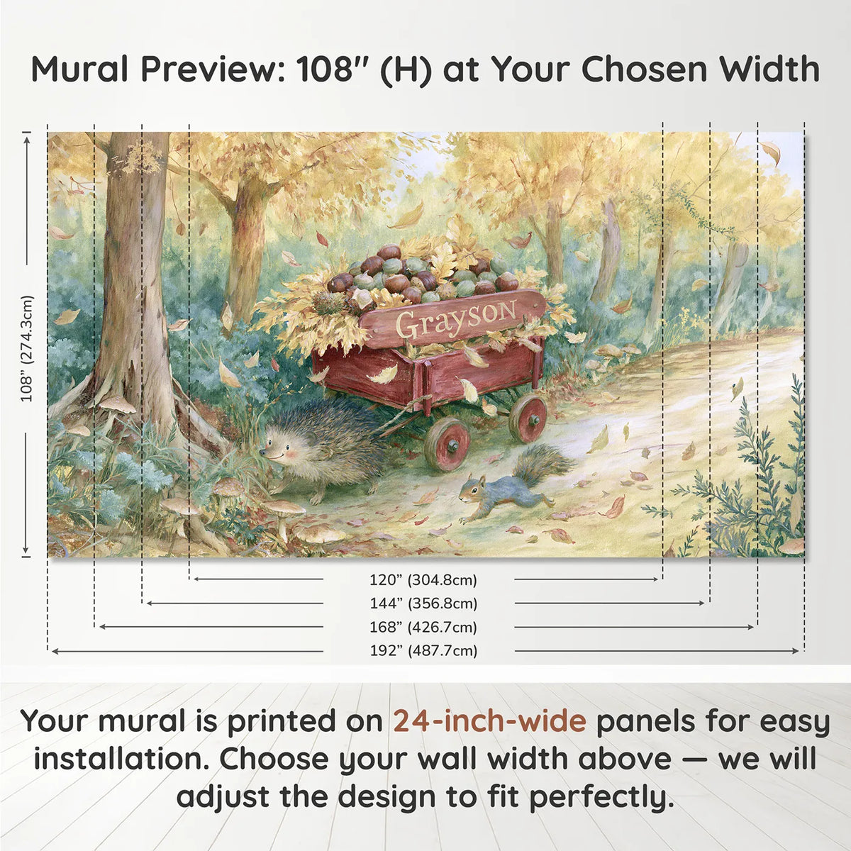 Panel layout and dimensions for Hedgehog Wooden Wagon Personalized Wall Mural by Whimsy Tots