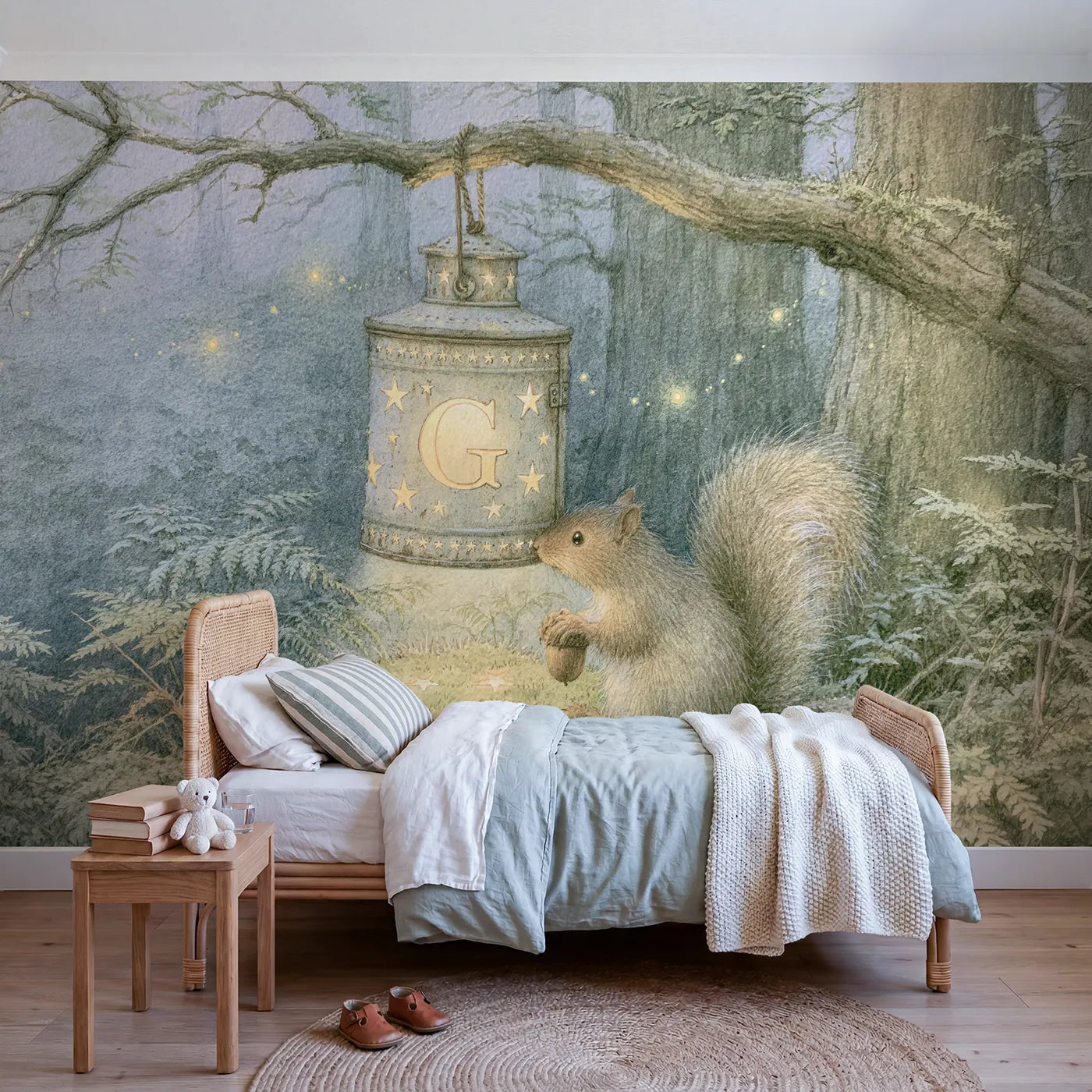 Storybook squirrel tin lantern personalized wall mural with initial cut through tin by Whimsy Tots