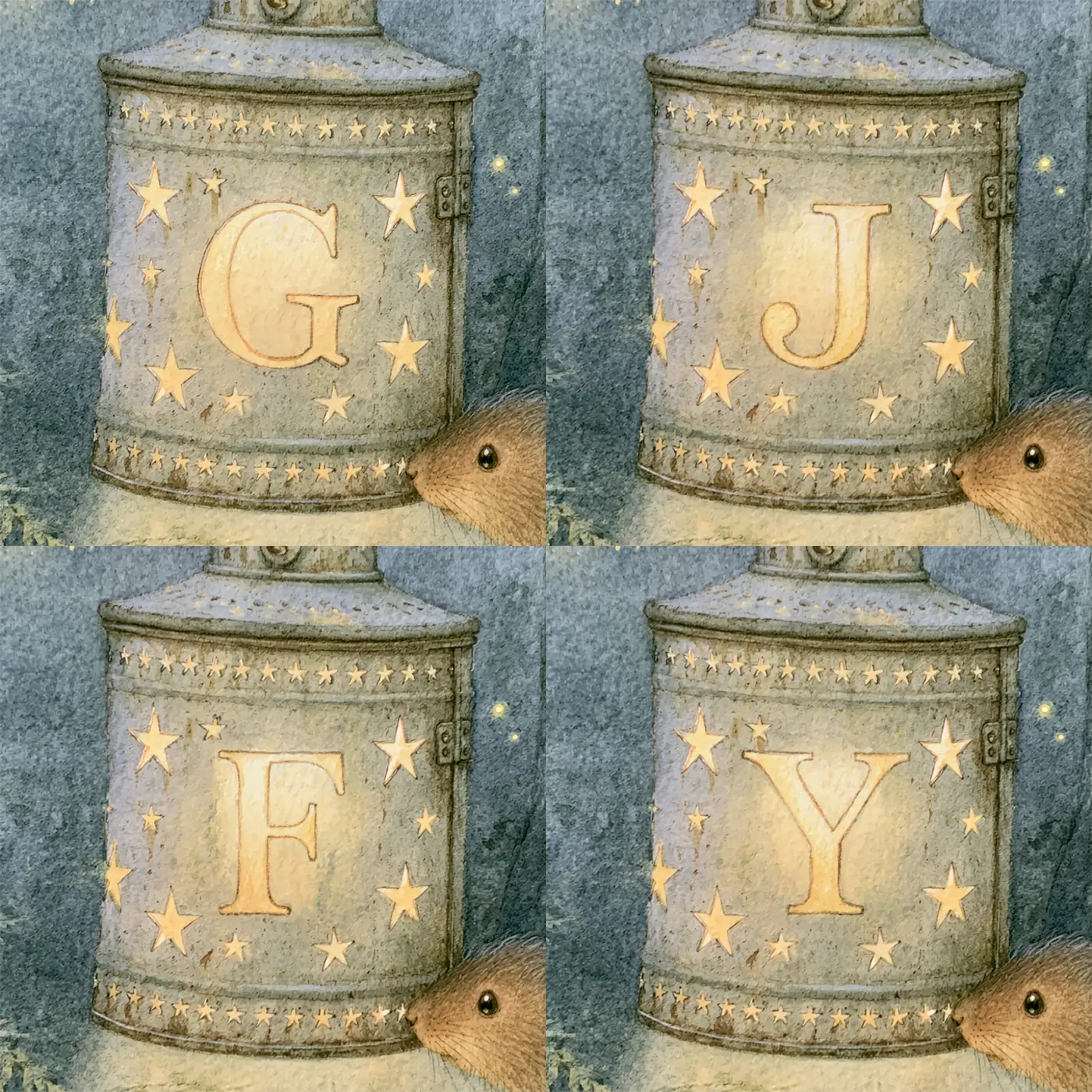 Four name preview examples of Squirrel Tin Lantern Personalized Wall Mural by Whimsy Tots