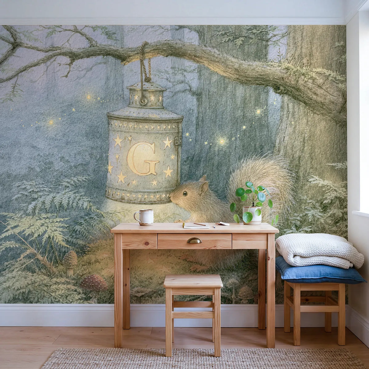Squirrel Tin Lantern Personalized Wall Mural in playroom setting by Whimsy Tots