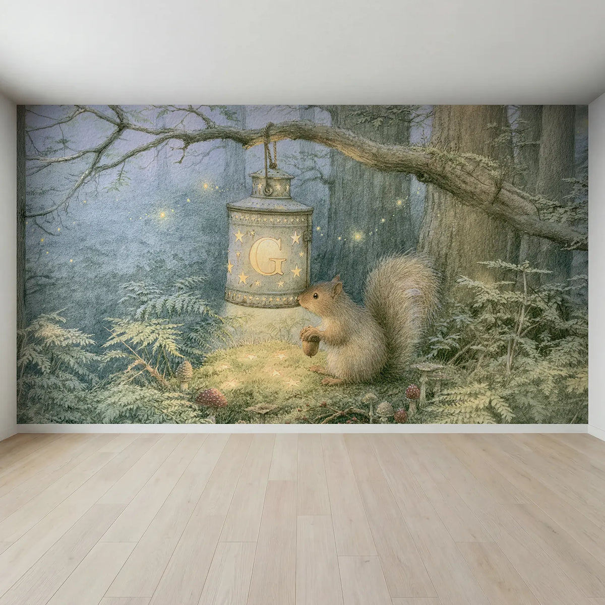 Full view of Squirrel Tin Lantern Personalized Wall Mural by Whimsy Tots