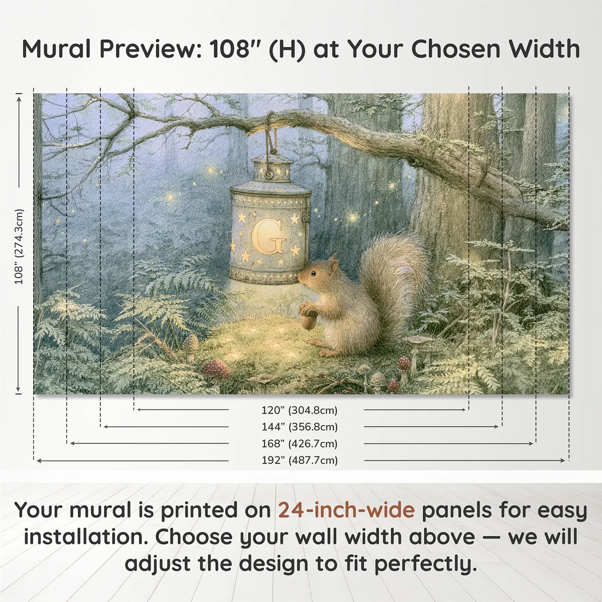 Panel layout and dimensions for Squirrel Tin Lantern Personalized Wall Mural by Whimsy Tots