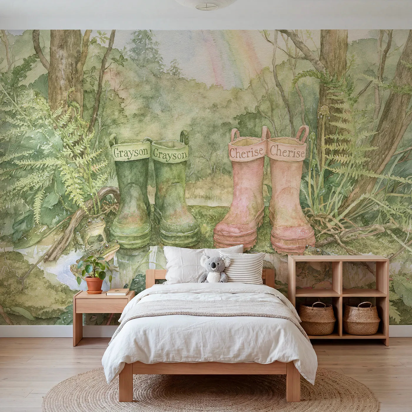 Storybook two pairs of wellingtons personalized wall mural with painted sibling cuffs by Whimsy Tots