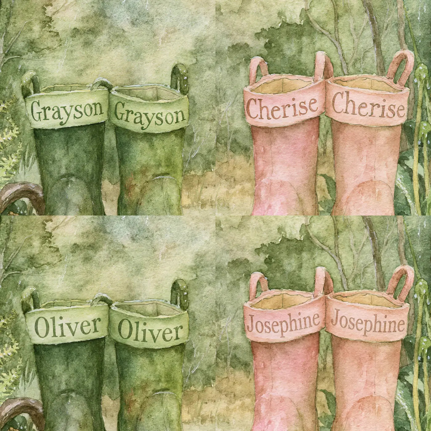 Four name preview examples of Two Pairs of Wellington Boots Personalized Wall Mural by Whimsy Tots