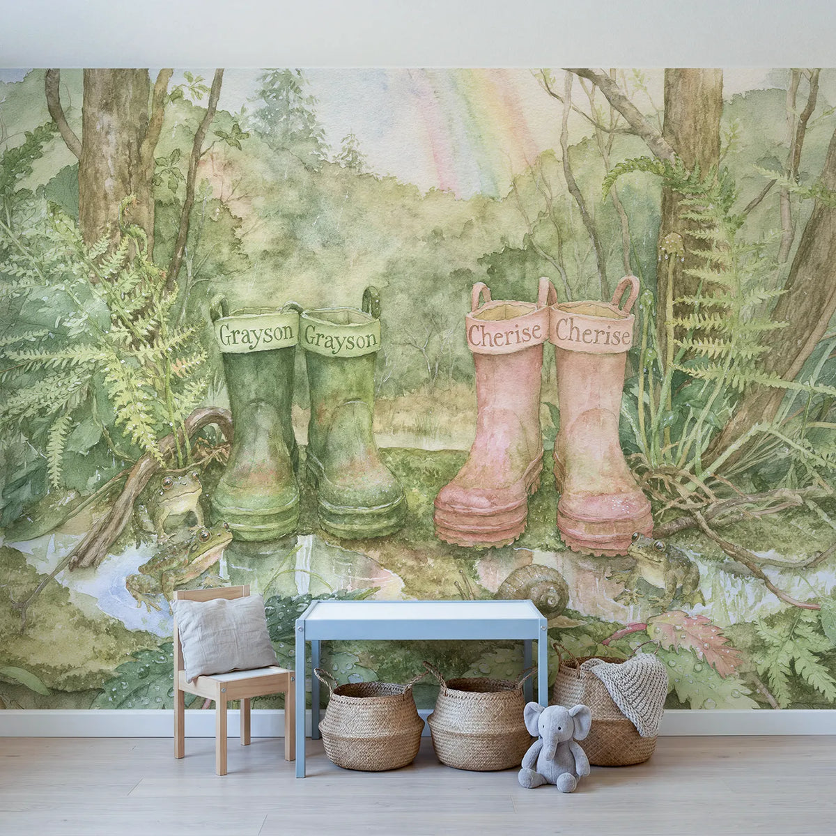 Two Pairs of Wellington Boots Personalized Wall Mural in playroom setting by Whimsy Tots