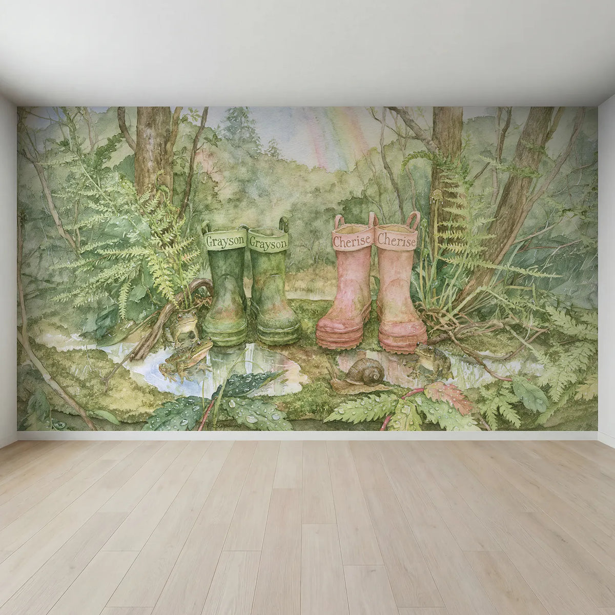 Full view of Two Pairs of Wellington Boots Personalized Wall Mural by Whimsy Tots