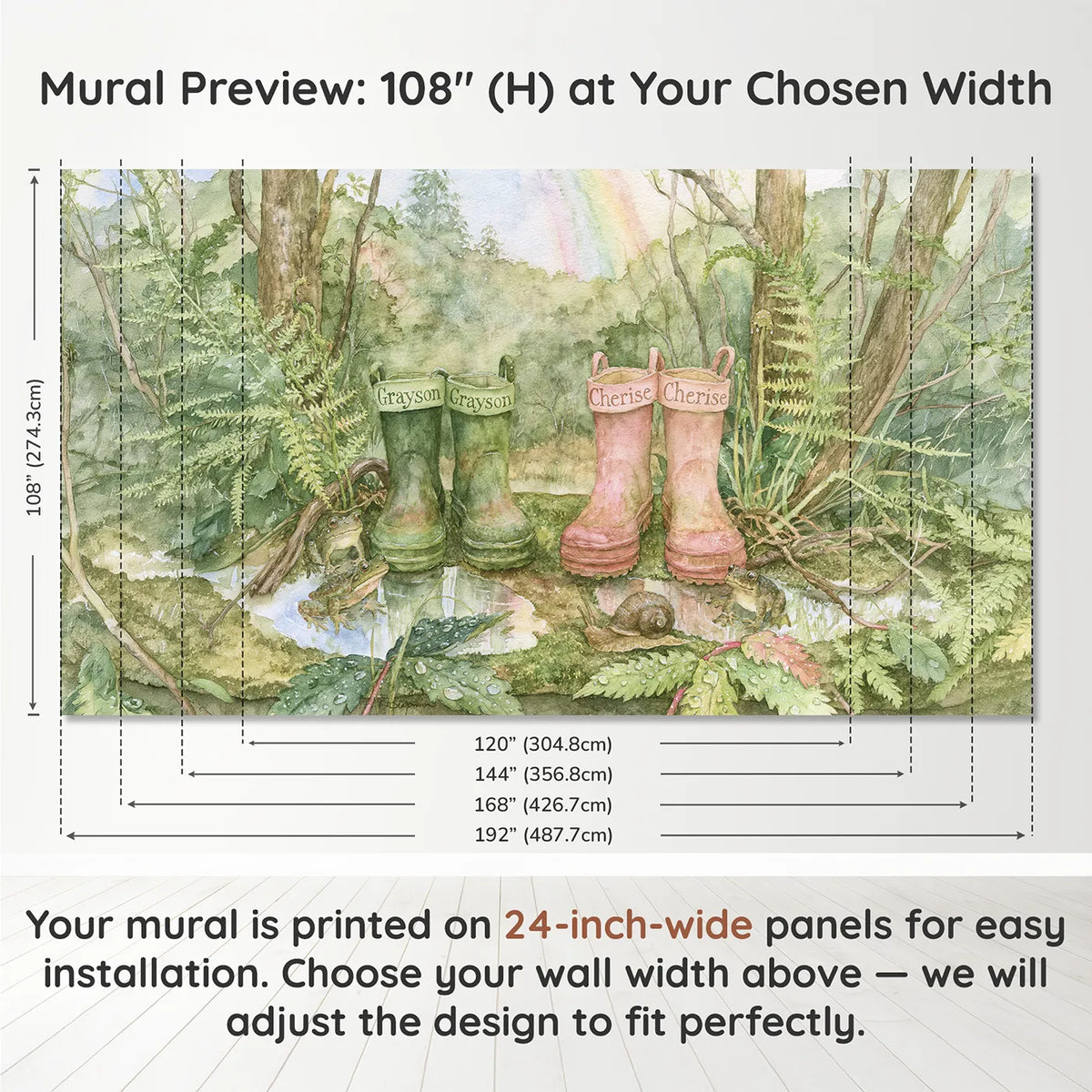 Panel layout and dimensions for Two Pairs of Wellington Boots Personalized Wall Mural by Whimsy Tots