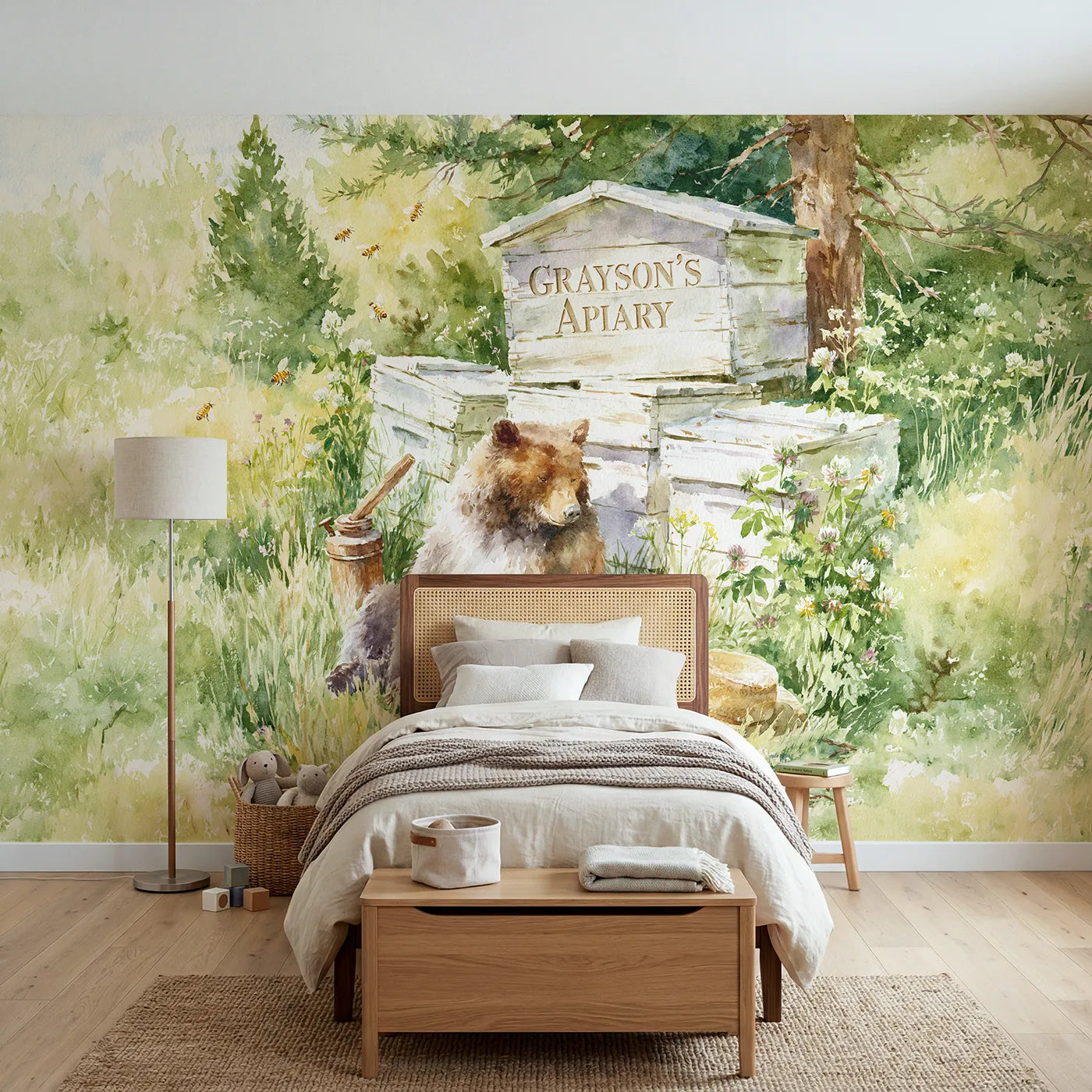 Watercolor bear and beehives personalized wall mural with stencilled hive box front by Whimsy Tots