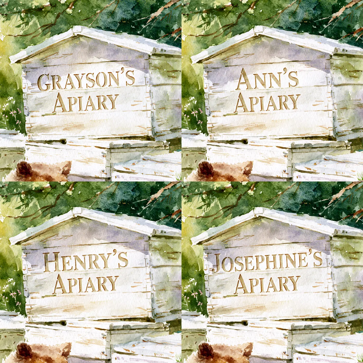 Four name preview examples of Bear and the Beehive Personalized Wall Mural by Whimsy Tots