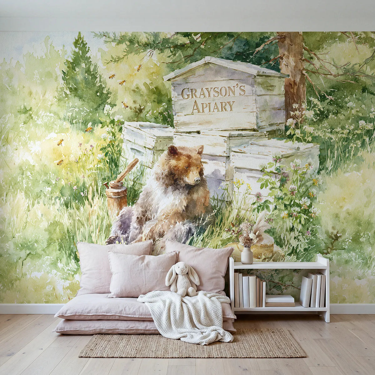 Bear and the Beehive Personalized Wall Mural in playroom setting by Whimsy Tots