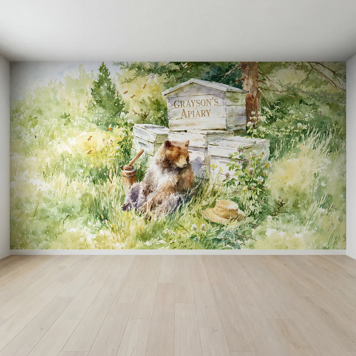Full view of Bear and the Beehive Personalized Wall Mural by Whimsy Tots