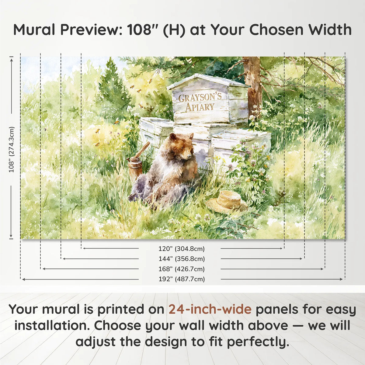 Panel layout and dimensions for Bear and the Beehive Personalized Wall Mural by Whimsy Tots