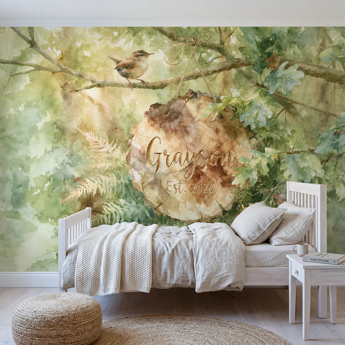 Watercolor carved log slice personalized wall mural with gilded name and date by Whimsy Tots