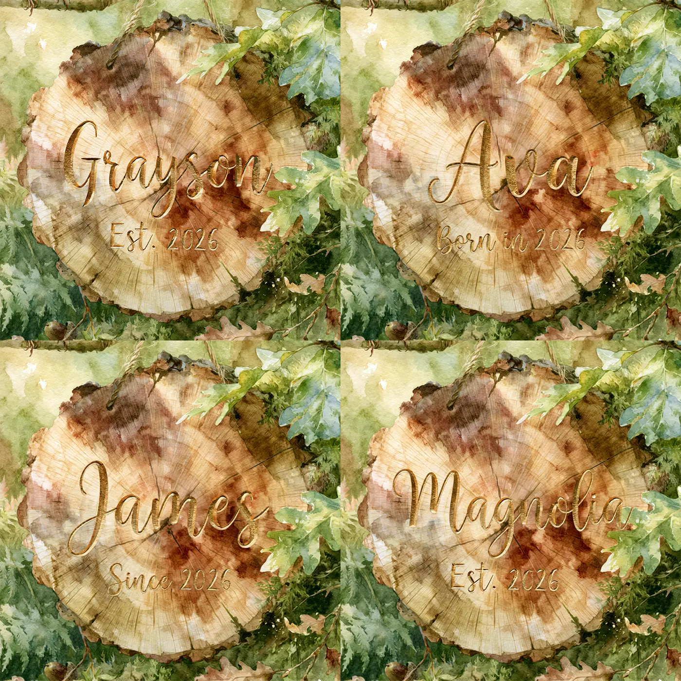 Four name preview examples of Log Slice Keepsake Personalized Wall Mural by Whimsy Tots