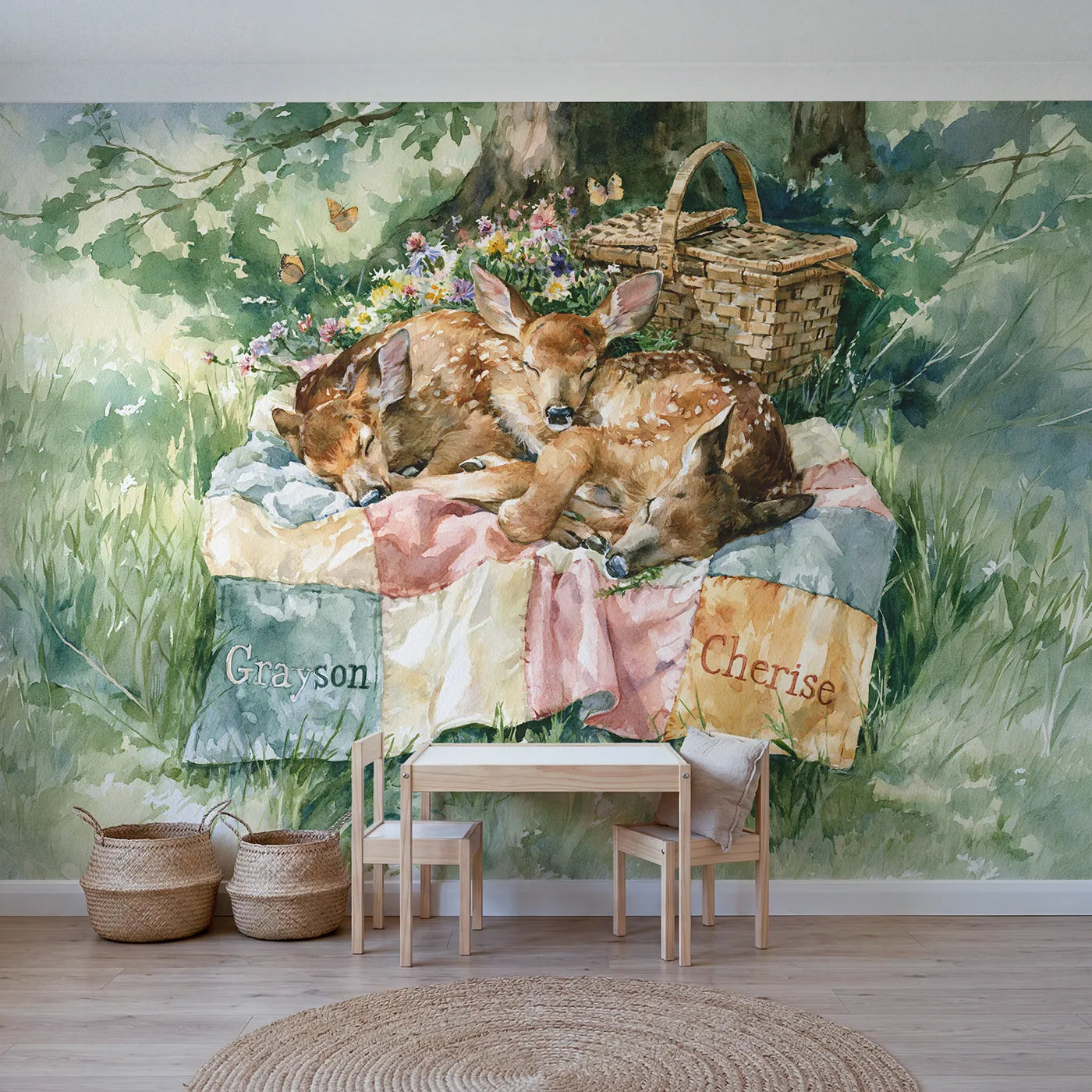 Watercolor two fawns and quilt personalized wall mural with embroidered corner patches by Whimsy Tots
